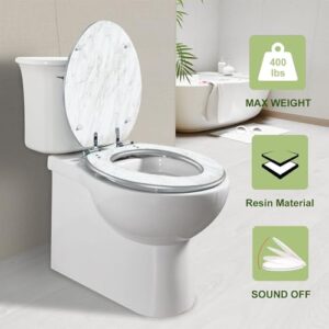 3D horizontal elegant white marble texture background Resin Elongated Toilet Seat with Cover Quiet Close Quick Release Hinges Decorative Toilet Seat Easy to Clean Install Home Decor