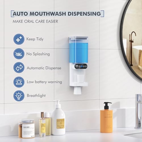 Automatic Mouthwash Dispenser for Bathroom-24.6FlOz 3 Adjustable Dispensing Levels MouthWash Dispenser for Bathroom Accessories with Magnetic Cups & Organizer, for Both All Age Groups Oral Care, White