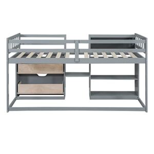 BOVZA Twin Size Low Loft Bed with Rolling Desk and Storage Shelves, Wooden Loft Bed Frame with 2 Drawers and Chalkboard for Kids Teens Boys Girls, Gray