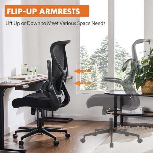 Sweetcrispy Ergonomic Office Desk Computer Chair, Comfy High Back Swivel Rolling Home Mesh Gaming Chairs with Wheels, Lumbar Support, Flip-up Arms,120°tilt for Bedroom, Study, Work, Black