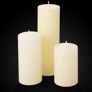 Shihanee Set of 3 Ivory White Pillar Candles and 3 Glass Cylinder Candle Holders for Slim Candles Wedding Halloween Thanksgiving Day Christmas Centerpieces, 2.6'' x 4.7'', 5.9'', 7.9''