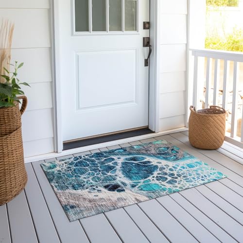 Addison Rugs Chantille ACN682 Teal 1'8" x 2'6" Indoor Outdoor Area Rug, Easy Clean, Machine Washable, Non Shedding, Bedroom, Entry, Living Room, Dining Room, Kitchen, Patio Rug