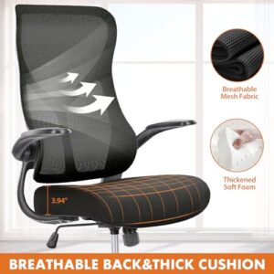 Sweetcrispy Ergonomic Office Desk Computer Chair, Comfy High Back Swivel Rolling Home Mesh Gaming Chairs with Wheels, Lumbar Support, Flip-up Arms,120°tilt for Bedroom, Study, Work, Black