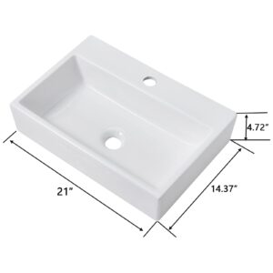 VCCUCINE Contemporary 21"x14" Porcelain Ceramic Wall Mounted Bathroom Vessel Sink,Modern White Floating or Countertop Rectangle Lavatory Art Basin with Faucet Hole Vanity Sink