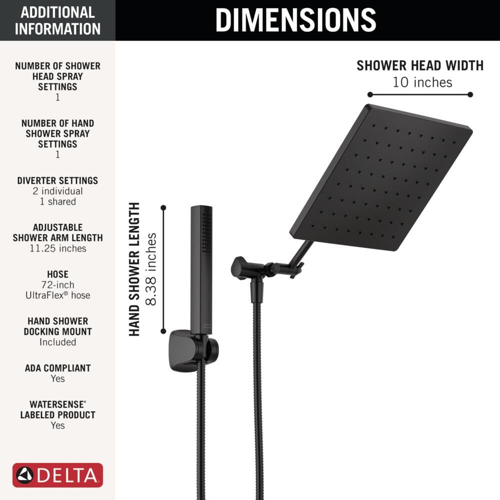 Delta Faucet 10-inch Raincan Shower Head and Hand Held Shower Combo, Black Square Shower Head, Rainfall Shower Head, Hand Shower, High Pressure Shower Head, 1.75 GPM Flow Rate, Matte Black 75527-BL