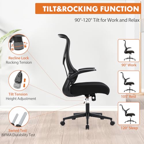 Sweetcrispy Ergonomic Office Desk Computer Chair, Comfy High Back Swivel Rolling Home Mesh Gaming Chairs with Wheels, Lumbar Support, Flip-up Arms,120°tilt for Bedroom, Study, Work, Black