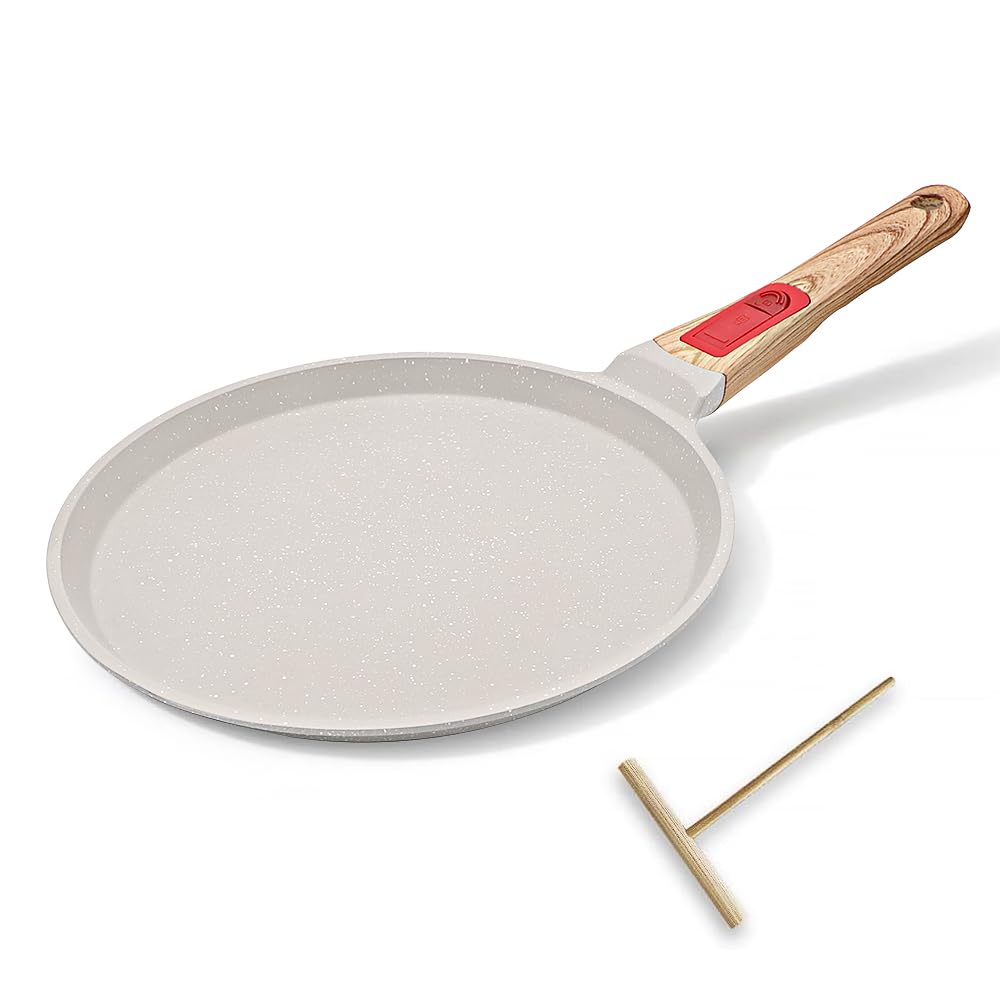 RANXINGST Non Stick Crepe Pan with Detachable Handle, 10 Inch Cast Aluminium Dosa Tawa Tortilla Pan, Pancake Pan Induction Compatible - White