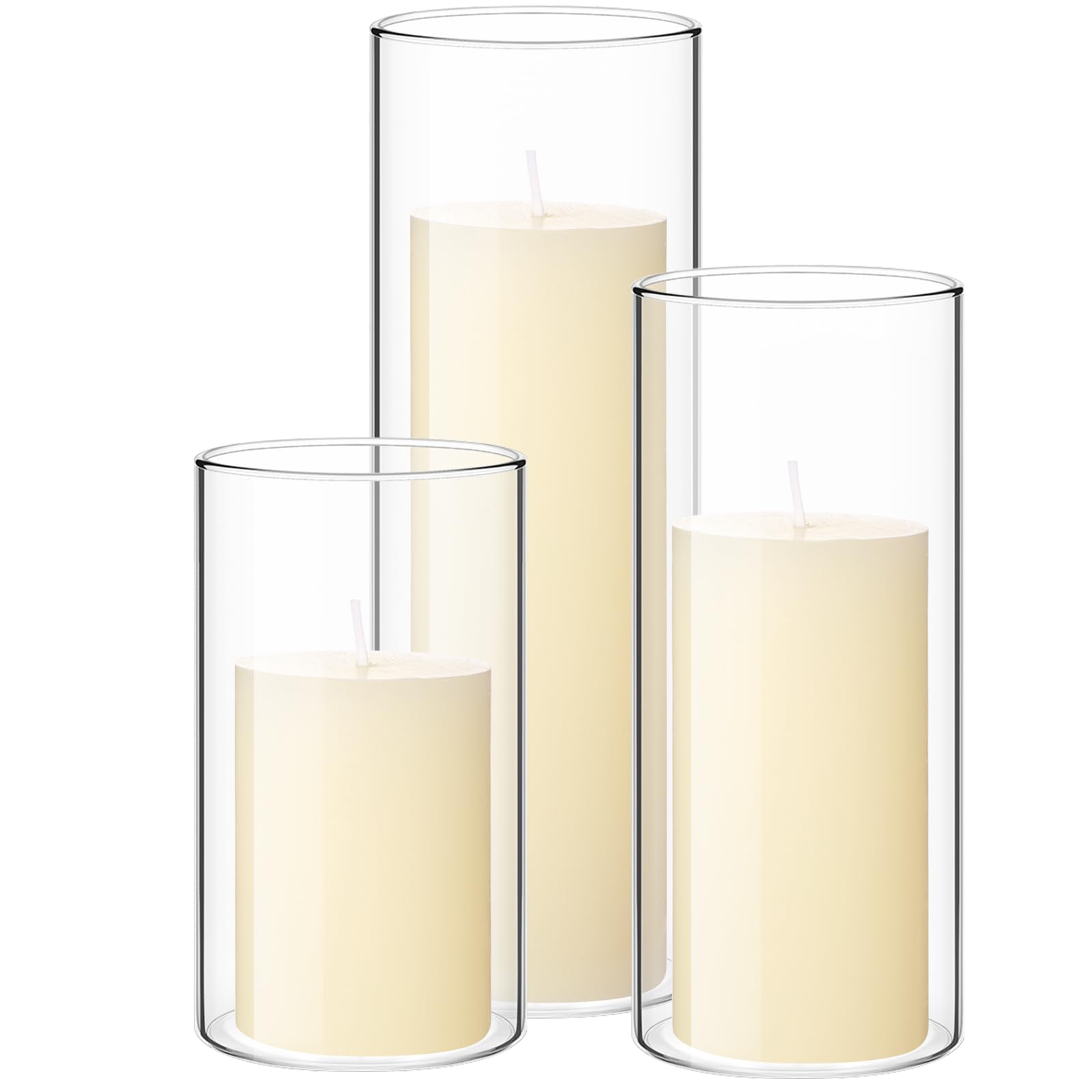 Shihanee Set of 3 Ivory White Pillar Candles and 3 Glass Cylinder Candle Holders for Slim Candles Wedding Halloween Thanksgiving Day Christmas Centerpieces, 2.6'' x 4.7'', 5.9'', 7.9''