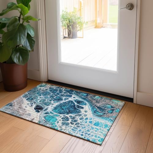 Addison Rugs Chantille ACN682 Teal 1'8" x 2'6" Indoor Outdoor Area Rug, Easy Clean, Machine Washable, Non Shedding, Bedroom, Entry, Living Room, Dining Room, Kitchen, Patio Rug