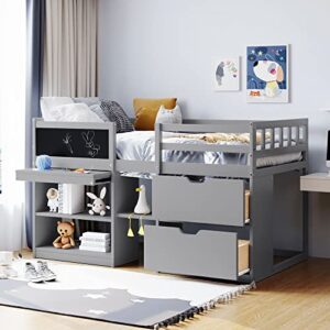 bovza twin size low loft bed with rolling desk and storage shelves, wooden loft bed frame with 2 drawers and chalkboard for kids teens boys girls, gray