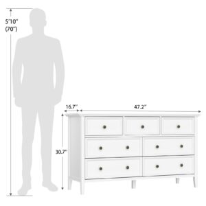 IKENO White 7 Drawer Dresser for Bedroom, Modern Solid Wood Large Storage Cabinet, Simple White Chest of Drawer for Bedroom Living Room Hallway Entryway (White)