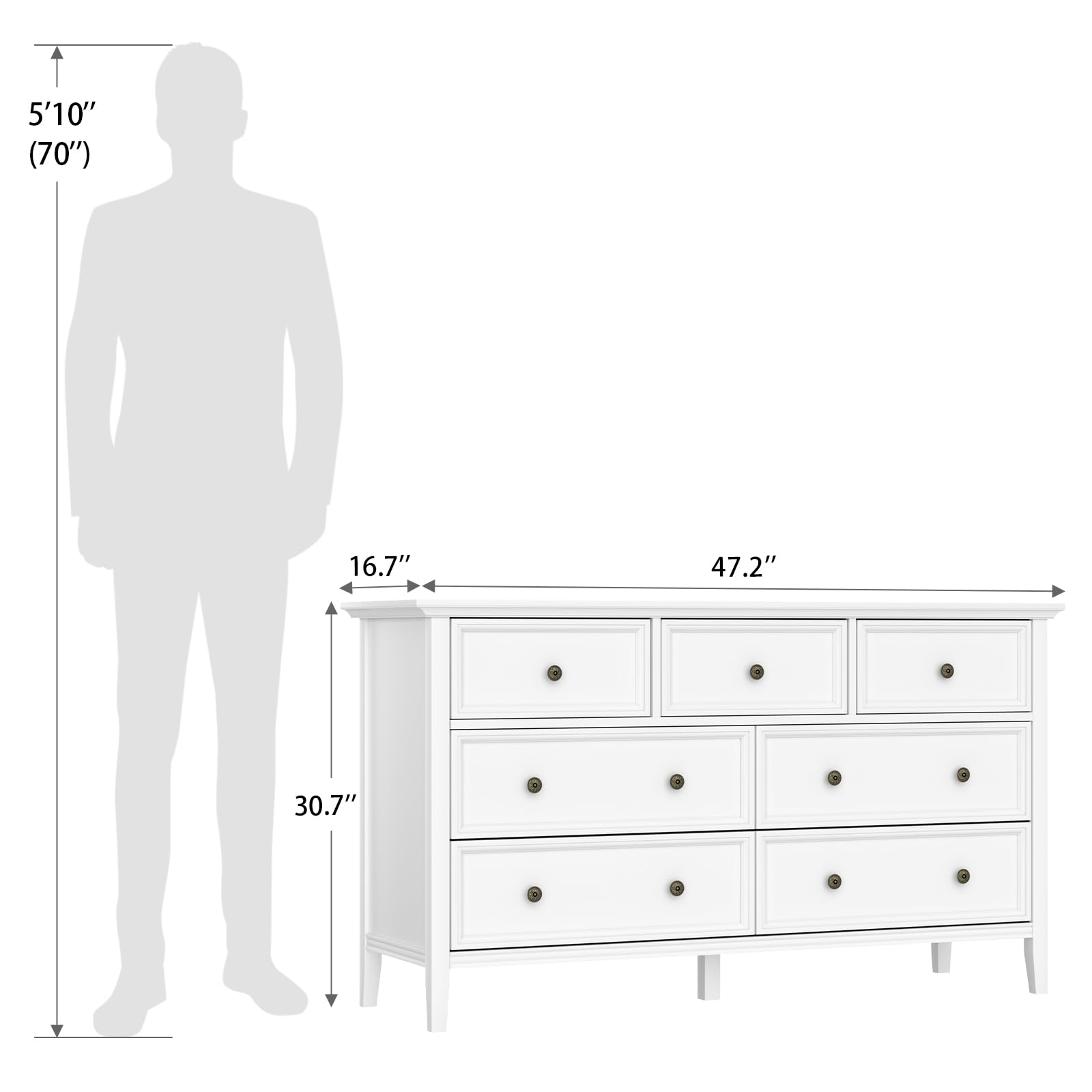 IKENO White 7 Drawer Dresser for Bedroom, Modern Solid Wood Large Storage Cabinet, Simple White Chest of Drawer for Bedroom Living Room Hallway Entryway (White)