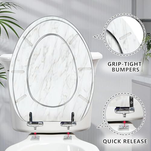 3D horizontal elegant white marble texture background Resin Elongated Toilet Seat with Cover Quiet Close Quick Release Hinges Decorative Toilet Seat Easy to Clean Install Home Decor