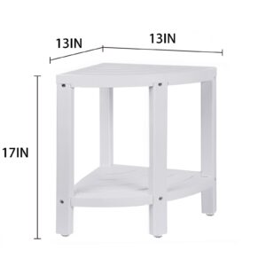 Corner Shower Bench with Storage Shelf,Waterproof Bamboo Corner Shower Stool for Shaving Legs,Easy Assemble Non-Slip Shower Chair for Bathroom,Stable & Sturdy Adjustable Feet Shower Seat(White)