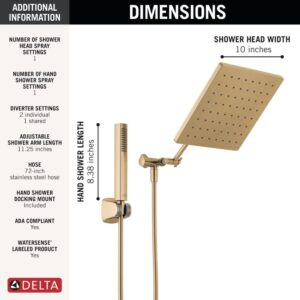 DELTA FAUCET 10-inch Raincan Shower Head and Hand Held Shower Combo, Gold Square Shower Head, Rainfall Shower Head, Hand Shower, High Pressure Shower, 1.75 GPM Flow Rate, Champagne Bronze 75527-CZ