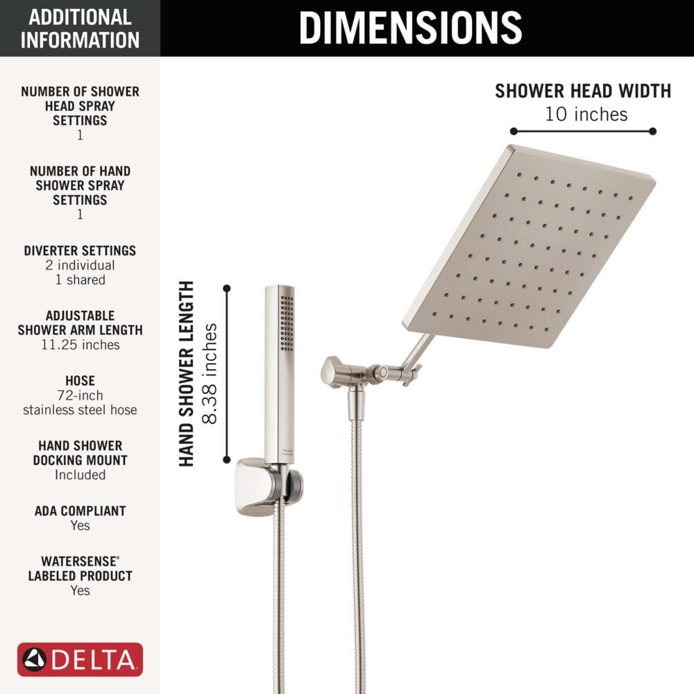 Delta Faucet 10-inch Raincan Shower Head and Hand Held Shower Combo, Brushed Nickel Square Shower Head, Rainfall Shower Head, Hand Shower, 1.75 GPM Flow Rate, Spotshield Brushed Nickel 75527-SN