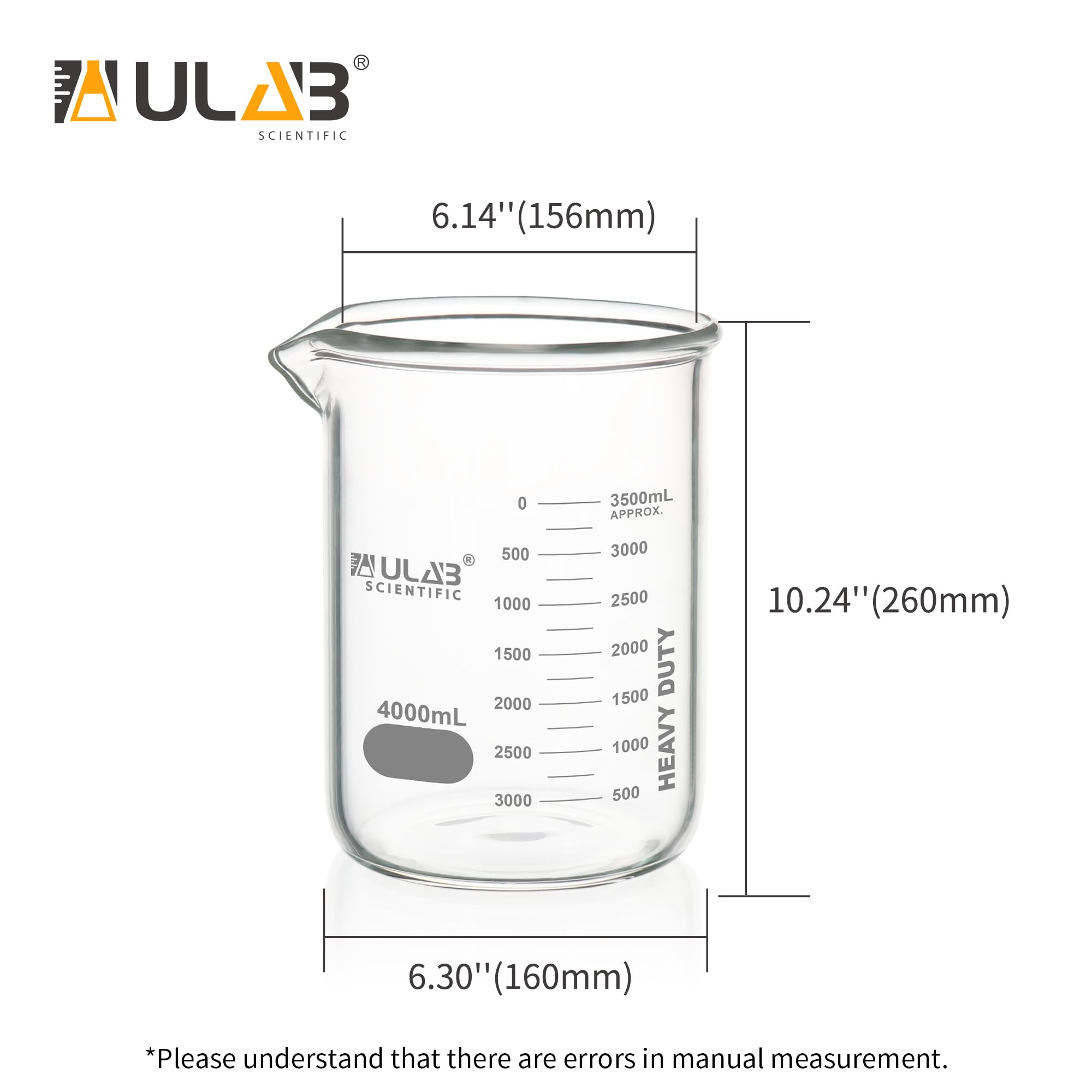 ULAB Heavy Duty Glass Beakers, Vol.4000ml (135oz), Borosilicate 3.3 Glass, Thick Wall Beakers, with Double Scale, Superior Durability & Chemical Resistance, UBG1067