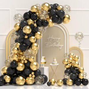 black and gold balloons arch garland kit, 100pcs black gold confetti balloons with 16ft tape strip & dot glue for graduation birthday baby shower wedding party decorations