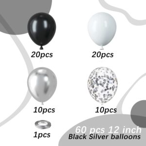 Black and Silver Balloons, 60pcs 12 Inches Black White Silver Confetti Balloons with 1 Ribbon for Birthday, Baby Shower, Wedding, and Silver Theme Party Decoration