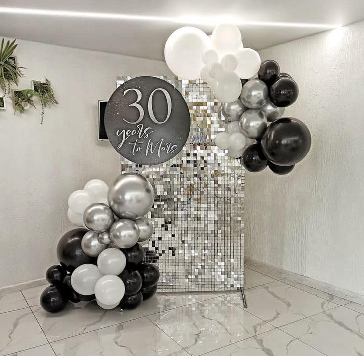 Black and Silver Balloons, 60pcs 12 Inches Black White Silver Confetti Balloons with 1 Ribbon for Birthday, Baby Shower, Wedding, and Silver Theme Party Decoration