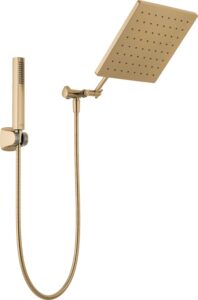 delta faucet 10-inch raincan shower head and hand held shower combo, gold square shower head, rainfall shower head, hand shower, high pressure shower, 1.75 gpm flow rate, champagne bronze 75527-cz