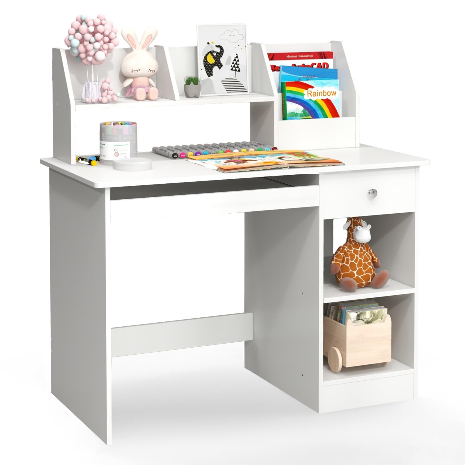 Giantex Kids Study Desk, Children Wooden Computer Desk with Hutch, Bookshelf, Keyboard Tray, Drawer, Storage Shelves, Student Writing Table Computer Workstation for Home School Use, White