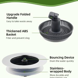 Kitchen Sink Strainer Stopper Combo 3-in-1 Pop Up Kitchen Sink Drain with Upgrade Folded Handle, for US Standard 3-1/2 inch Drain Filter, Chrome Stainless-Wraped Shell, Anti-Clog