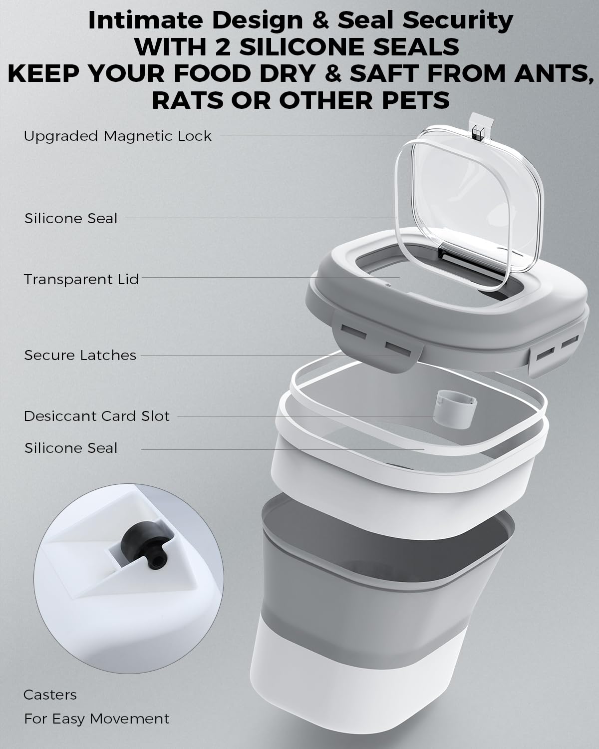 Rice Storage Containers, Collapsible 20-50Lbs Food Storage Bin with Rolling Wheel Airtight Lid,Flour Storage Container with Small Food Container & Scoop for Flour, Sugar, Cereal and Dog Cat Pet food