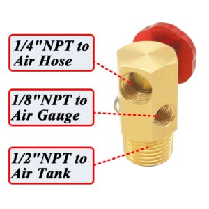 Qolekog Air Tank Manifold with Shut Off Valve Relief Valve Fill Port 1/2"NPT Tank, 1/4"NPT Hose, 1/8"NPT Gauge For Air Compressor Portable Carry Tank (1Pcs)