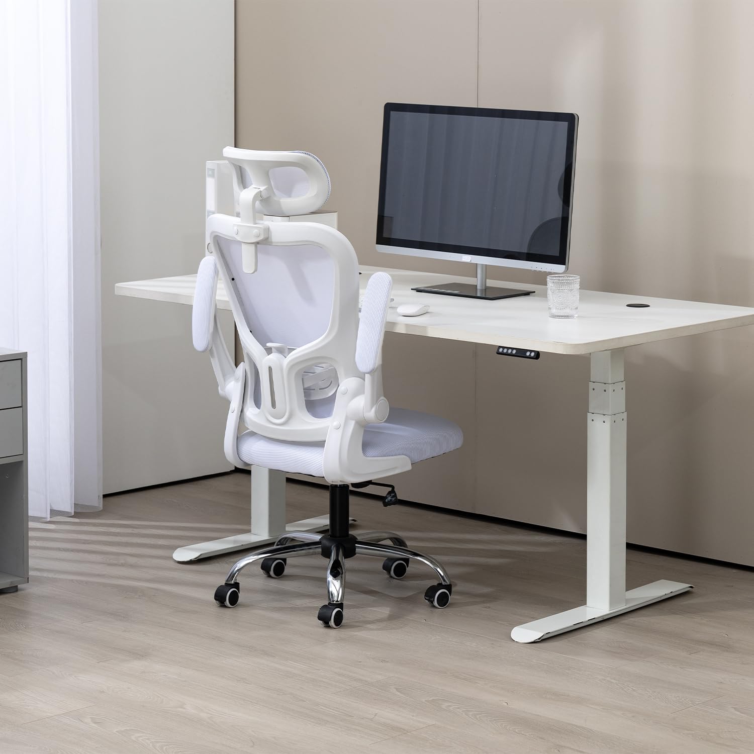 Panana Ergonomic Office Chair High Back Mesh Back Adjustable Headrest Flip-up Padded Armrest Swivel Rolling Desk Chair (White)