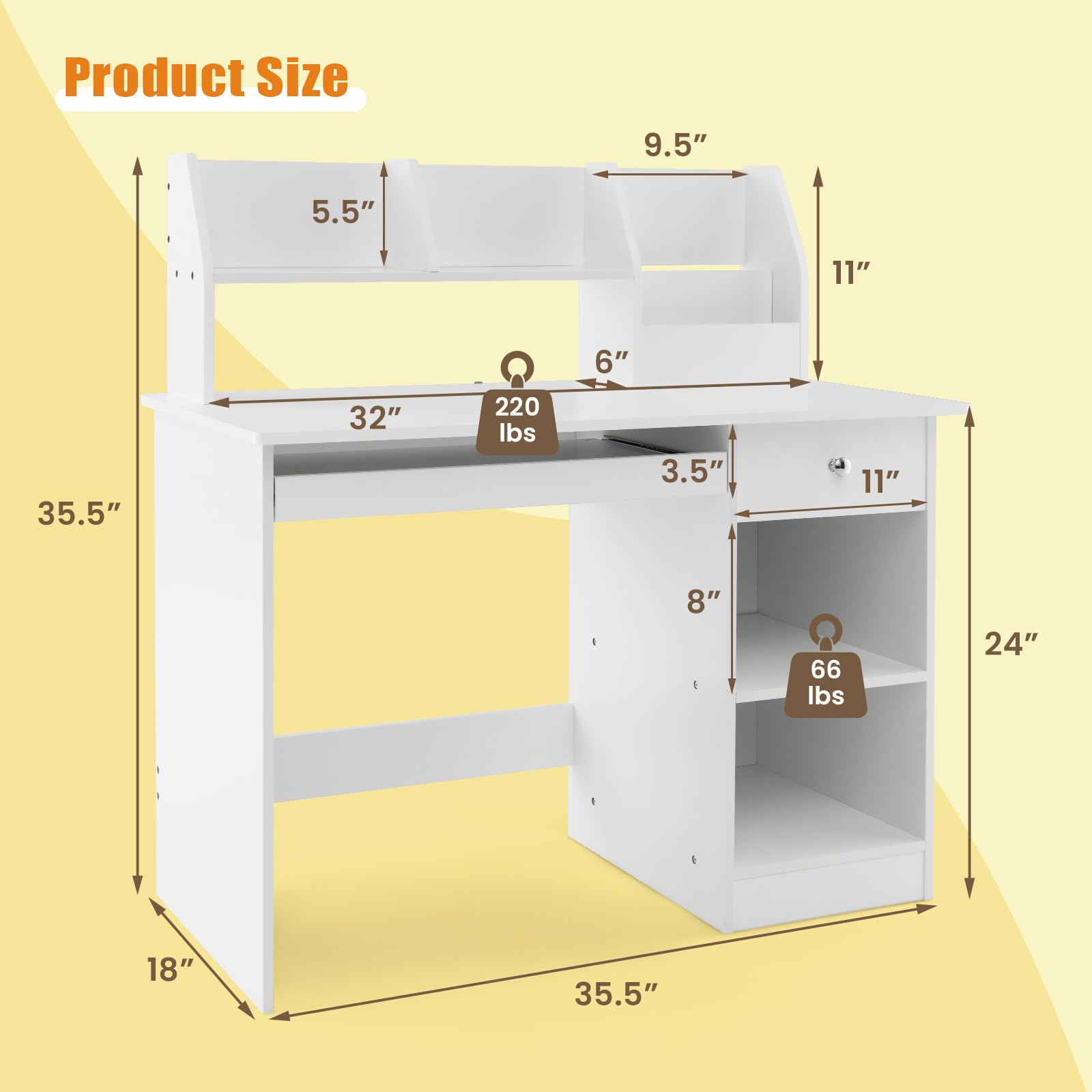 Giantex Kids Study Desk, Children Wooden Computer Desk with Hutch, Bookshelf, Keyboard Tray, Drawer, Storage Shelves, Student Writing Table Computer Workstation for Home School Use, White