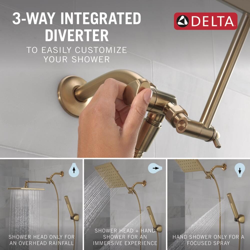 DELTA FAUCET 10-inch Raincan Shower Head and Hand Held Shower Combo, Gold Square Shower Head, Rainfall Shower Head, Hand Shower, High Pressure Shower, 1.75 GPM Flow Rate, Champagne Bronze 75527-CZ