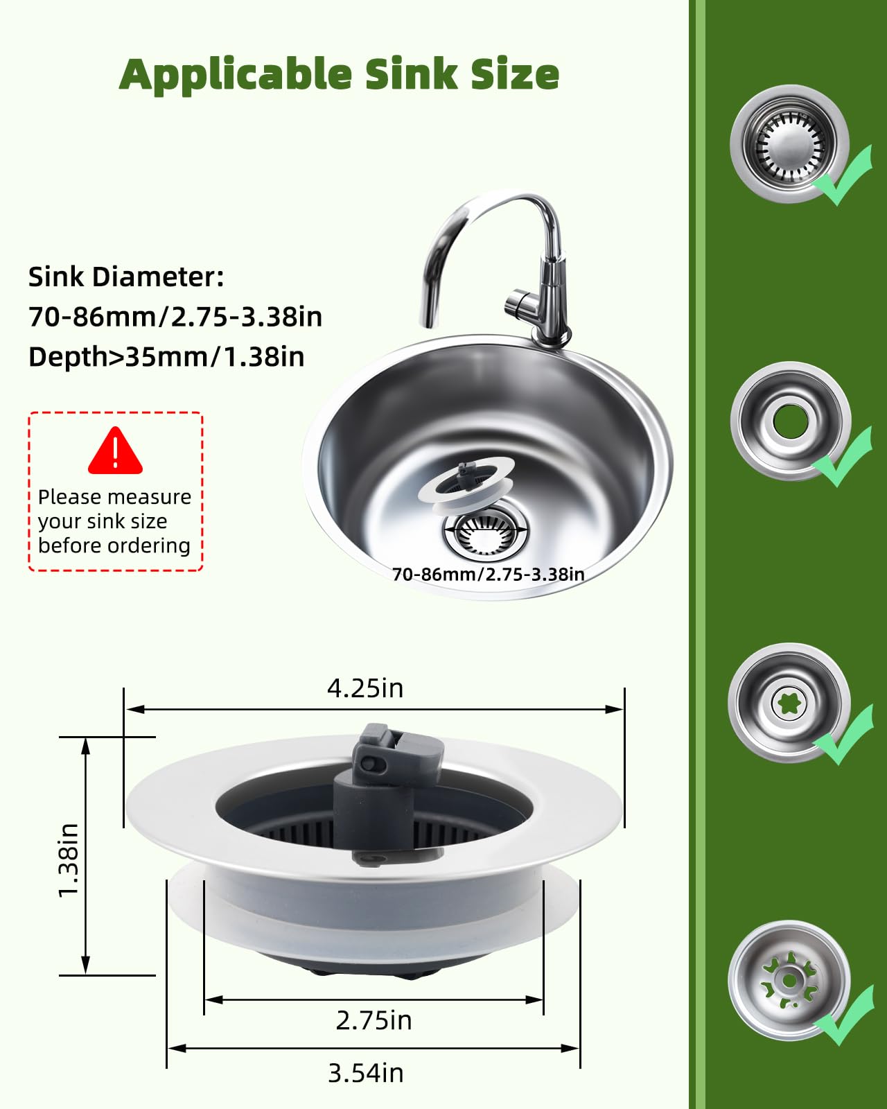 Kitchen Sink Strainer Stopper Combo 3-in-1 Pop Up Kitchen Sink Drain with Upgrade Folded Handle, for US Standard 3-1/2 inch Drain Filter, Chrome Stainless-Wraped Shell, Anti-Clog