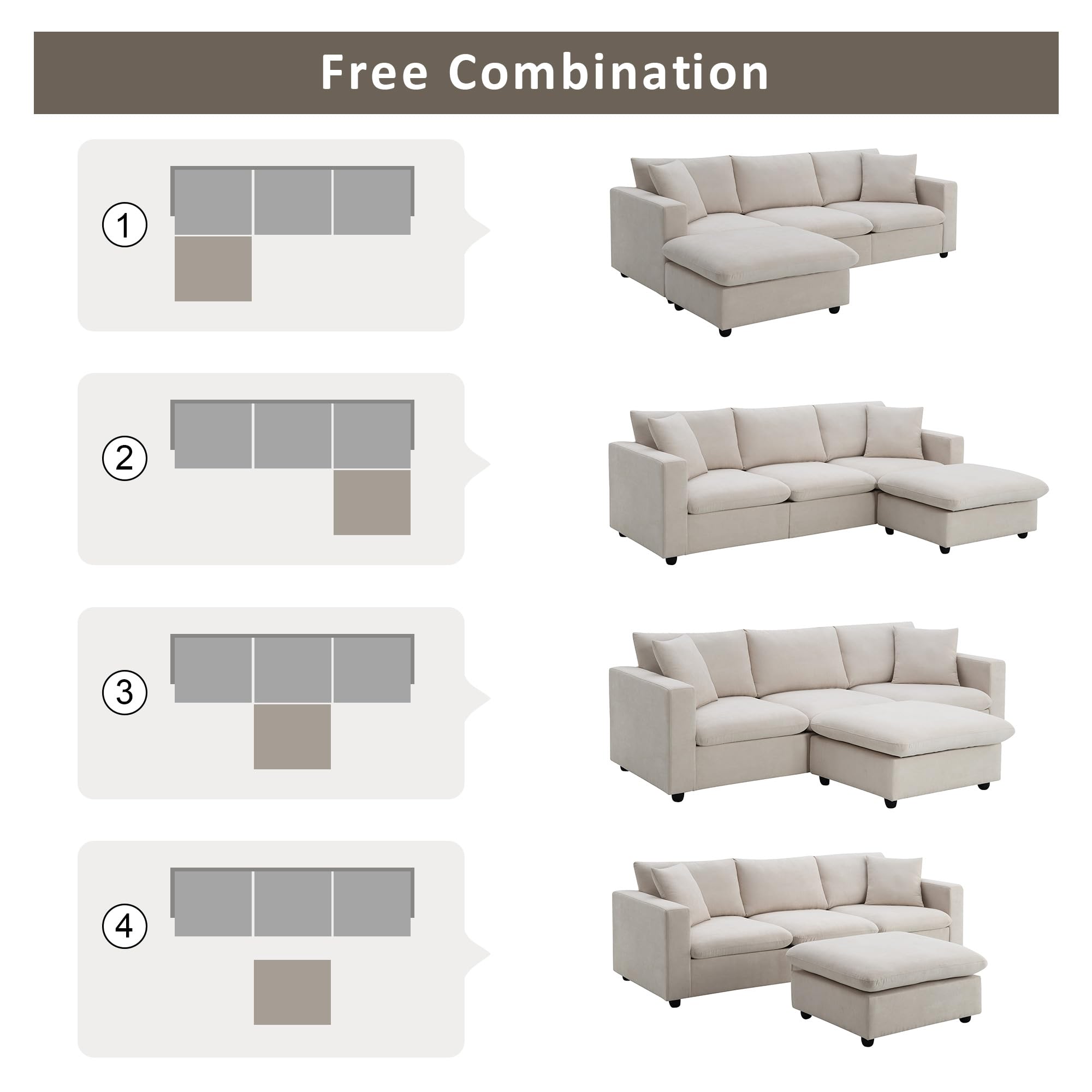 WILLIAMSPACE 100.4" Sectional Sofa Couch for Living Room, Modern Upholstered L-Shaped Sofa Couch with Convertible Ottoman & 2 Pillows, 4 Seat Sofa Furniture for Apartment, Polyester Fabric (Beige)