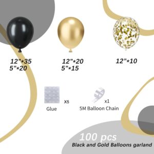 Black and Gold balloons Arch Garland Kit, 100pcs Black Gold Confetti Balloons with 16ft Tape Strip & Dot Glue for Graduation Birthday Baby Shower Wedding Party Decorations