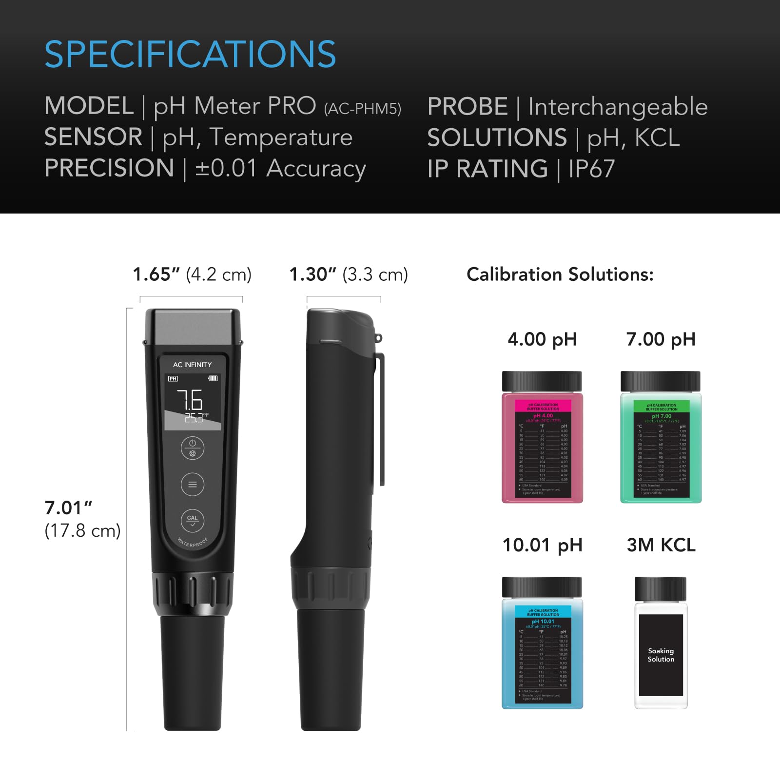 AC Infinity pH Meter PRO Kit, High Precision Digital pH Pen with ±0.01 pH Accuracy and Interchangeable Probe, Nutrient Test pH Meter for Water Hydroponics Plants, Gardening, Aquariums, Swimming Pools