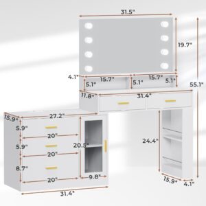 MSmask White Vanity Desk with Mirror and Lights, Makeup Vanity Table with Power Outlet, Large Makeup Desk with 5 Drawers, RGB Cabinets, Side Storage Shelf, 2 Installation Methods