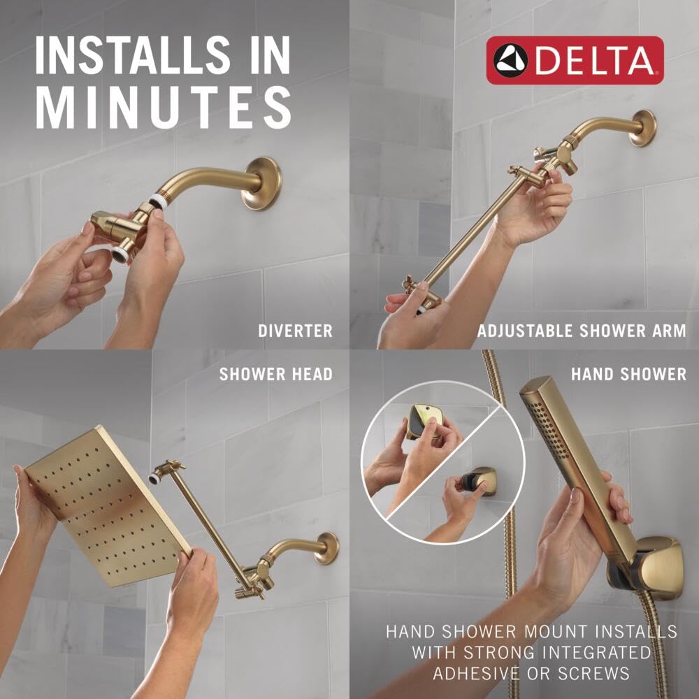 DELTA FAUCET 10-inch Raincan Shower Head and Hand Held Shower Combo, Gold Square Shower Head, Rainfall Shower Head, Hand Shower, High Pressure Shower, 1.75 GPM Flow Rate, Champagne Bronze 75527-CZ