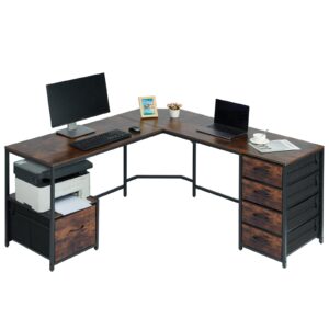 topsky l-shaped desk corner computer desk with 18.9" depth workstation, cloth file cabinet for letter size file folder and 4 cloth storage cabinets (rustic brown, 59 * 59 inch)