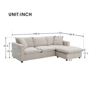 WILLIAMSPACE 100.4" Sectional Sofa Couch for Living Room, Modern Upholstered L-Shaped Sofa Couch with Convertible Ottoman & 2 Pillows, 4 Seat Sofa Furniture for Apartment, Polyester Fabric (Beige)