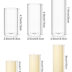 Shihanee Set of 3 Ivory White Pillar Candles and 3 Glass Cylinder Candle Holders for Slim Candles Wedding Halloween Thanksgiving Day Christmas Centerpieces, 2.6'' x 4.7'', 5.9'', 7.9''