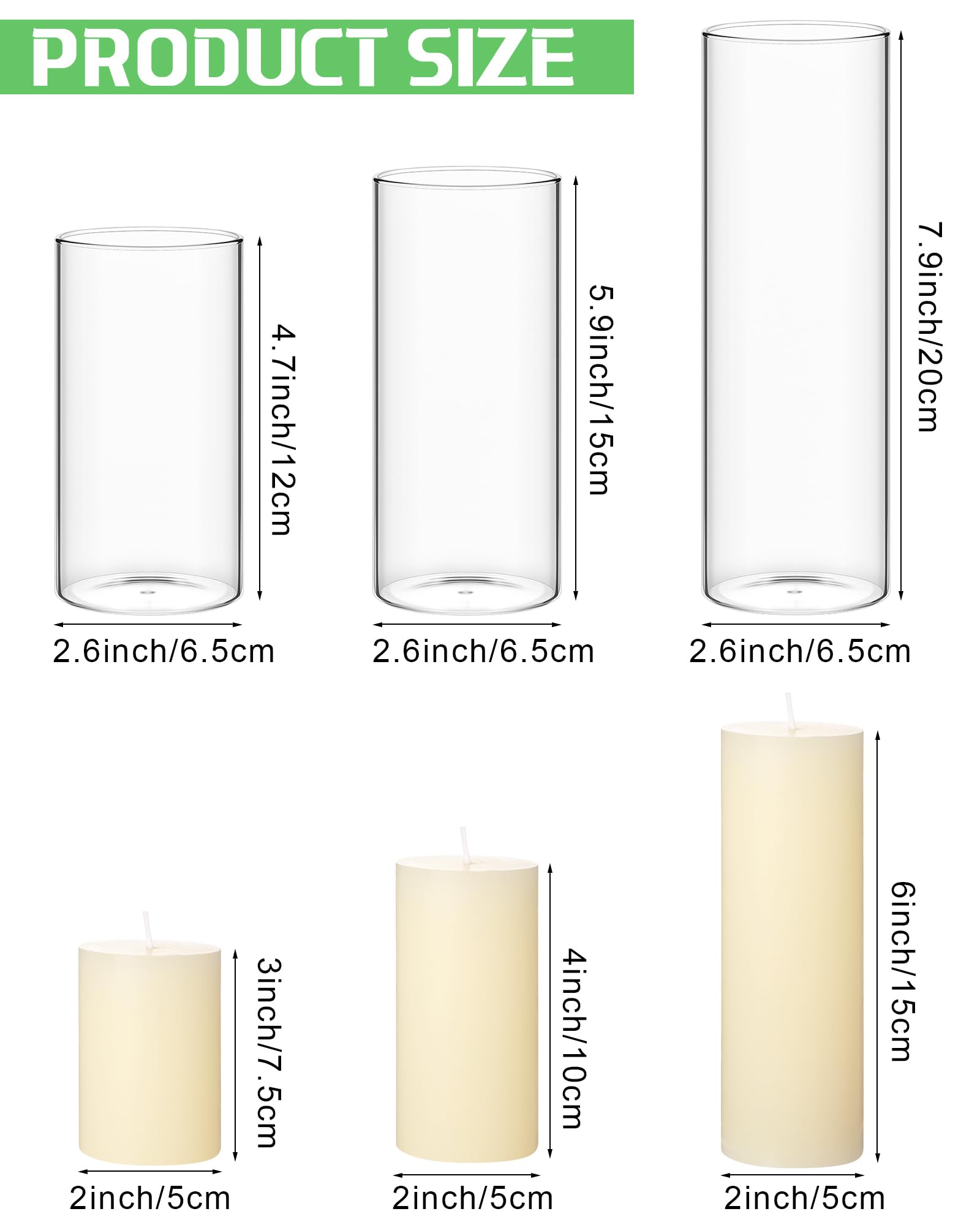 Shihanee Set of 3 Ivory White Pillar Candles and 3 Glass Cylinder Candle Holders for Slim Candles Wedding Halloween Thanksgiving Day Christmas Centerpieces, 2.6'' x 4.7'', 5.9'', 7.9''