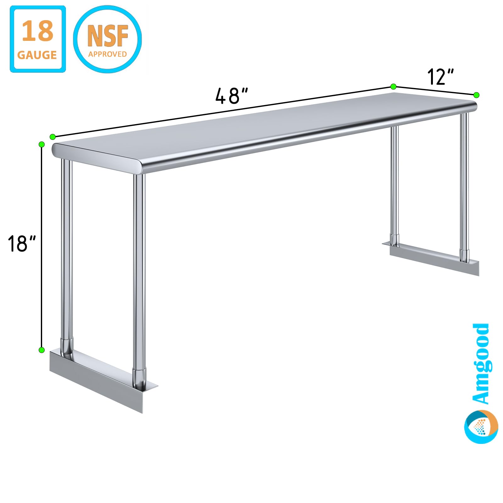 Stainless Steel Single Overshelf for 48" Long Prep Table. 12" Wide x 48" Long x 18" High