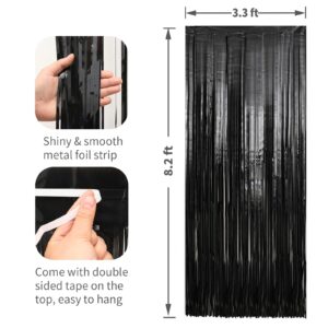 2 Pack Black Foil Fringe Curtains Streamers Party Decorations 3.3 x 8.2 ft, Black Tinsel Curtain Fringe Backdrop for Parties, Door Fringe Birthday Streamers, Photo Booth Backdrops, Party Décor