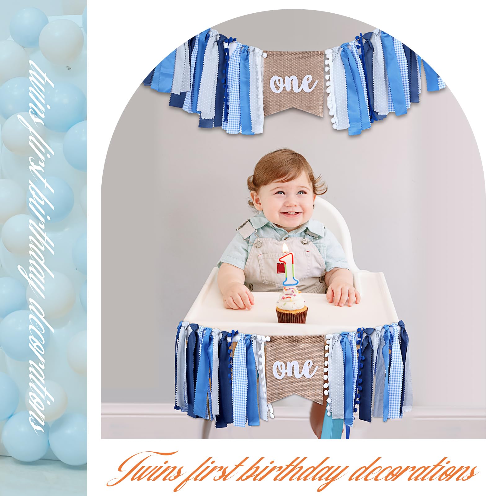 Buryeah Highchair Banner 1st Birthday One Highchair Banner 1st Birthday Banner for Girls Boys Birthday Party Supplies Birthday Party Cake Smash Photo Props Baby Shower Garland (Blue White)