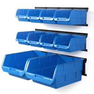 wallmaster wall mounted storage bins, wall storage bins parts rack 10 bins&3 rails wall mount tool organizer hardware storage organizer (blue)