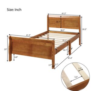 LostCat Wood Twin Size Bed Frame Mattress Foundation Sleigh Bed with Headboard and Footboard,Wood Slat Support/No Box Spring Needed,Oak