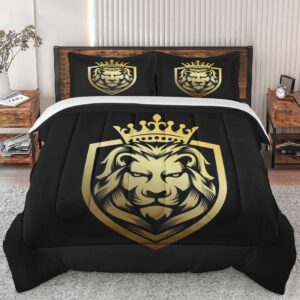 pinbeam comforter set queen size, royal king lion gold soft bedding set for kids and adults bedroom bed decor, animal vintage crown comforter set with 2 pillowcases