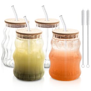 4 pcs ribbed glass cups with straws with lids set, water glasses set, 18oz vintage drinking glassware with wave shape design, bubble cups for iced coffee, beverage, milk, cocktails (18 oz -a)