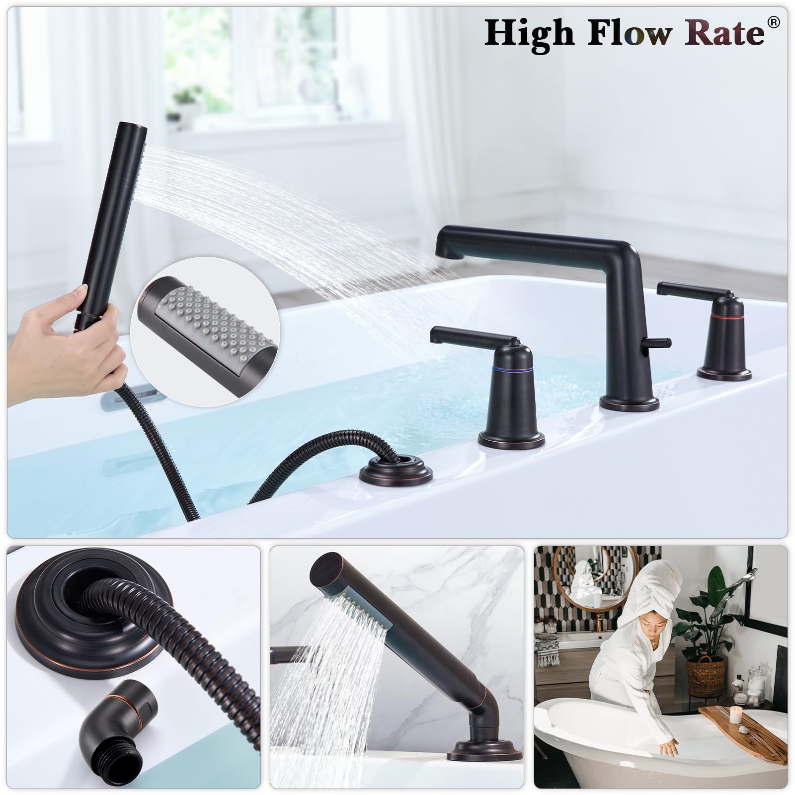 Widespread Roman Bathtub Faucet Set with Handheld Sprayer and Valve, Tub Filler in Oil Rubbed Bronze Roman Tub Faucet with Hand Shower Tub 4 Hole Deck-Mount Brass Tub Faucet